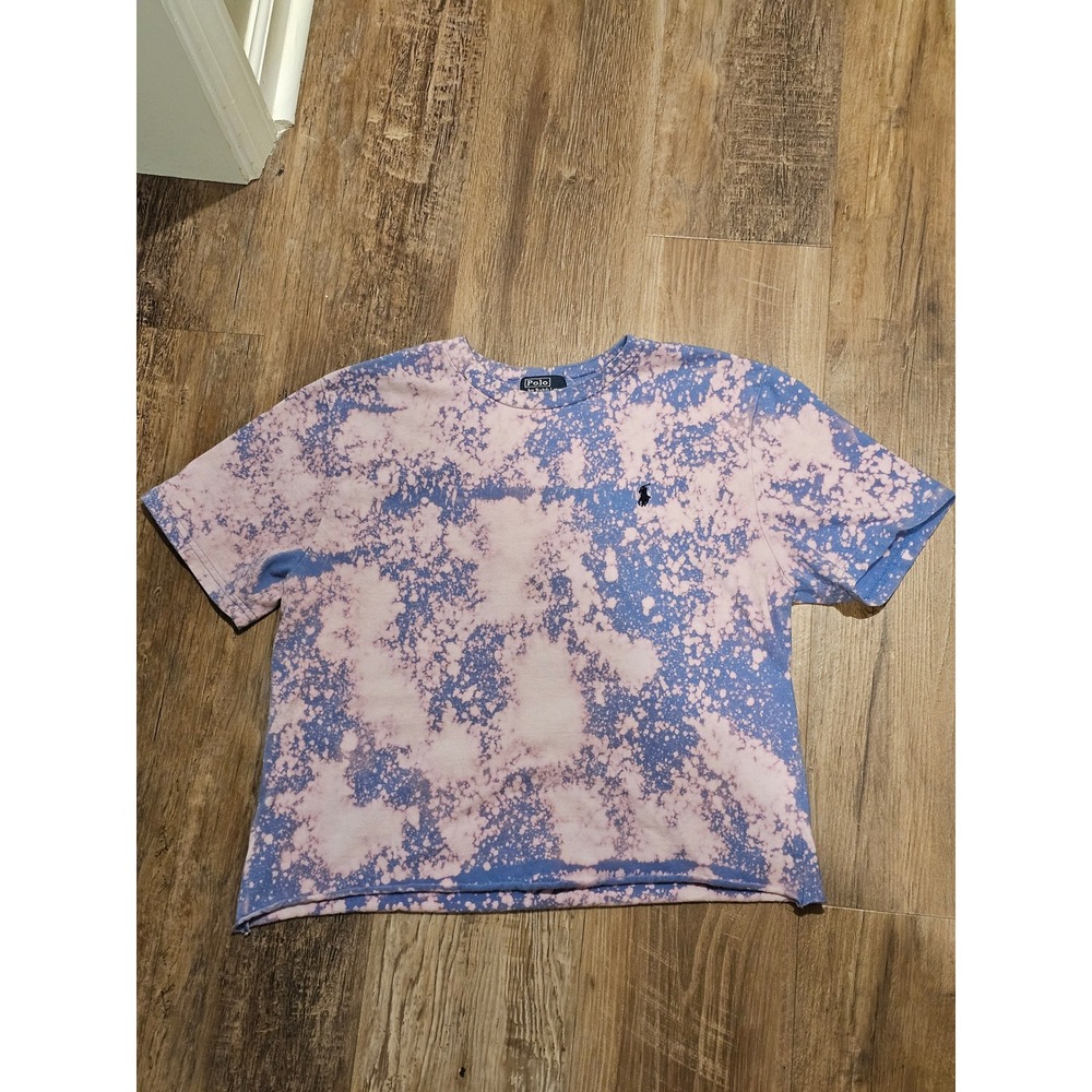 Polo Ralph Lauren Bleached Acid Wash Cropped T-Shirt Blue Pink Girls XL 18-20
